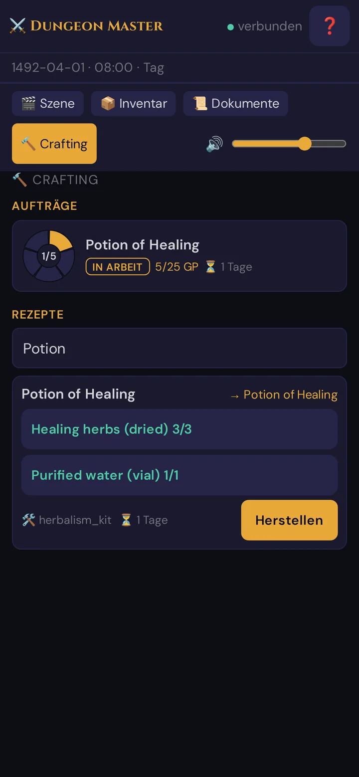 Der Crafting-Tab des Spielers: ein laufender Auftrag und ein Rezept, das hergestellt werden kann