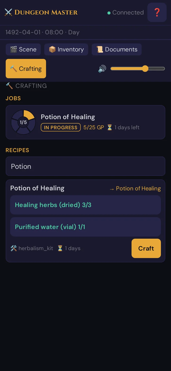 The player's Crafting tab: a running job and a recipe ready to craft
