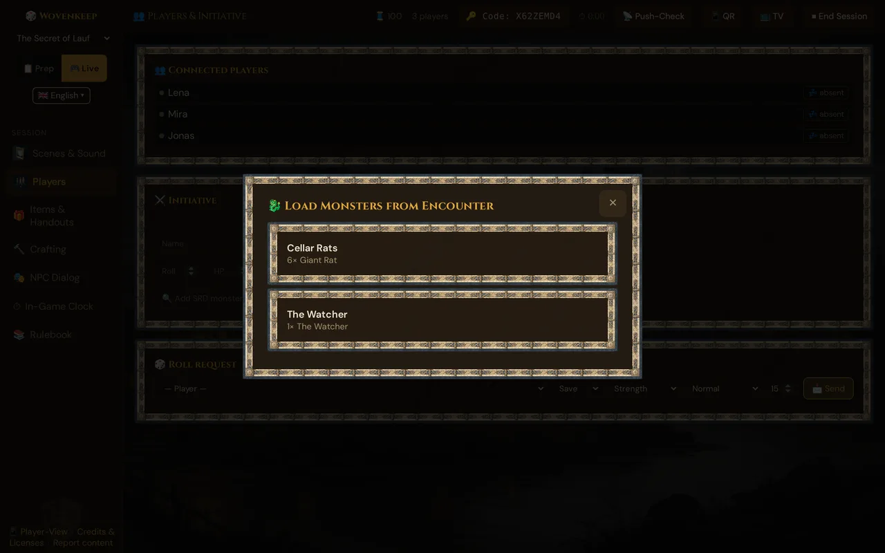 The Load Monsters from Encounter window in the live view, listing the campaign's combat encounters