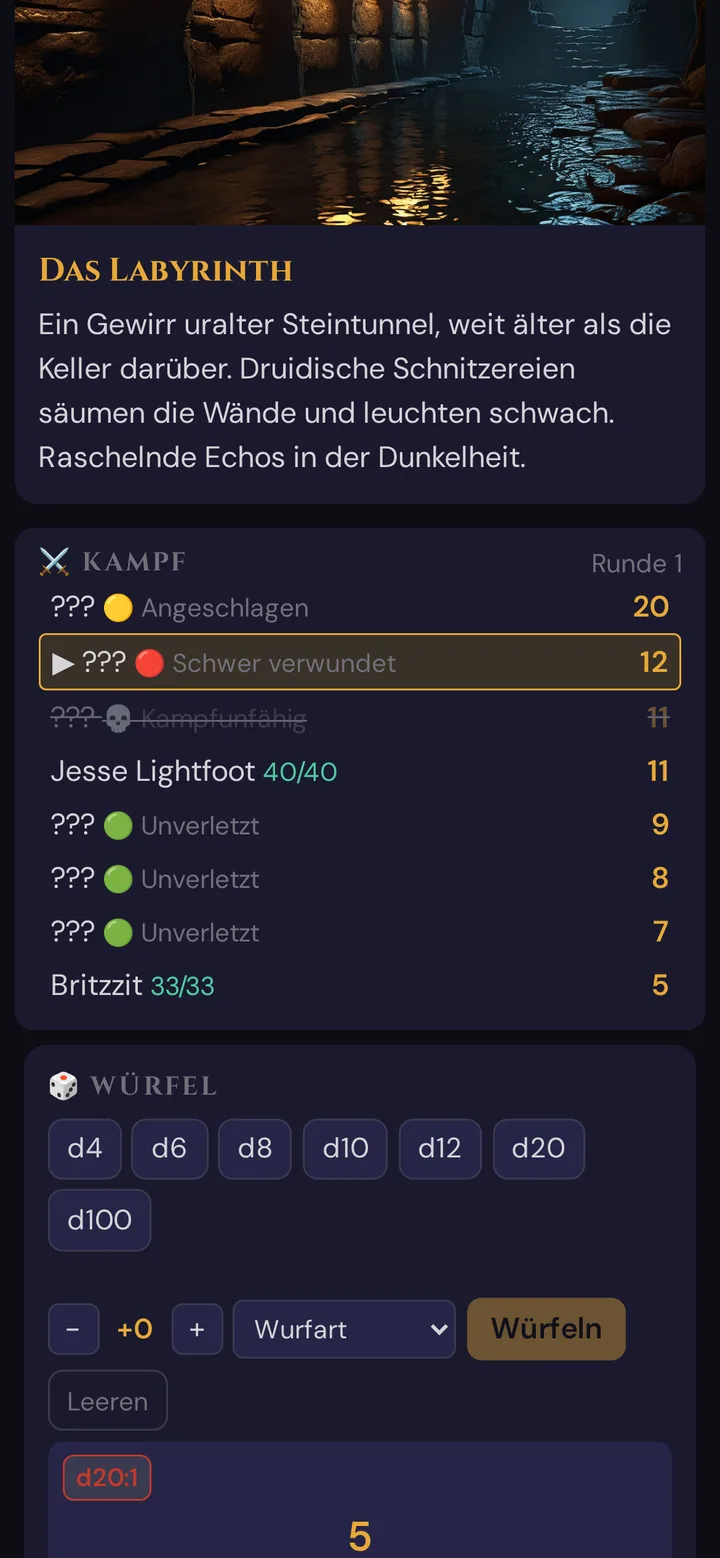 Kampfreihenfolge auf dem Spieler-Handy: verdeckte Monster mit TP-Band, Spielercharaktere mit genauen TP