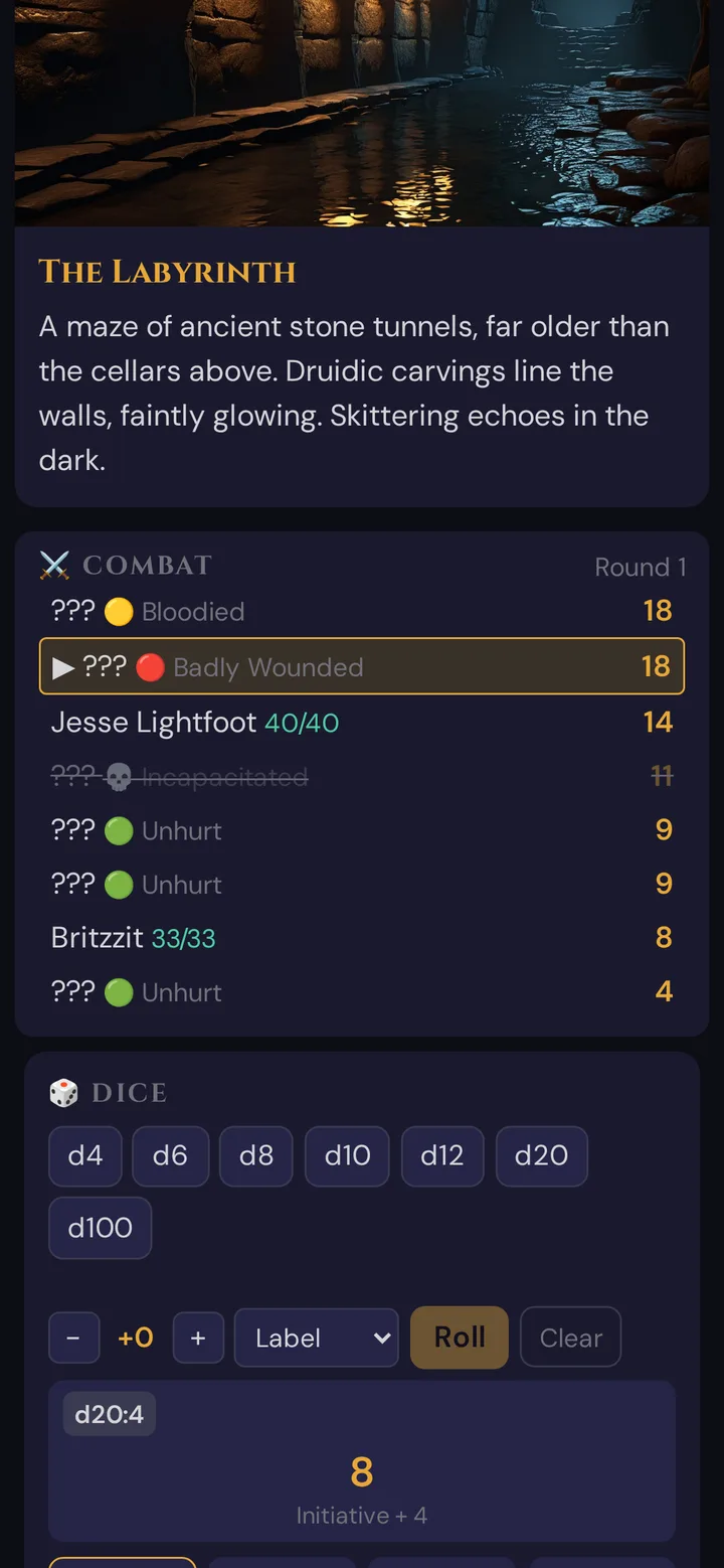 Combat order on a player's phone: masked monsters with health bands, player characters with exact HP