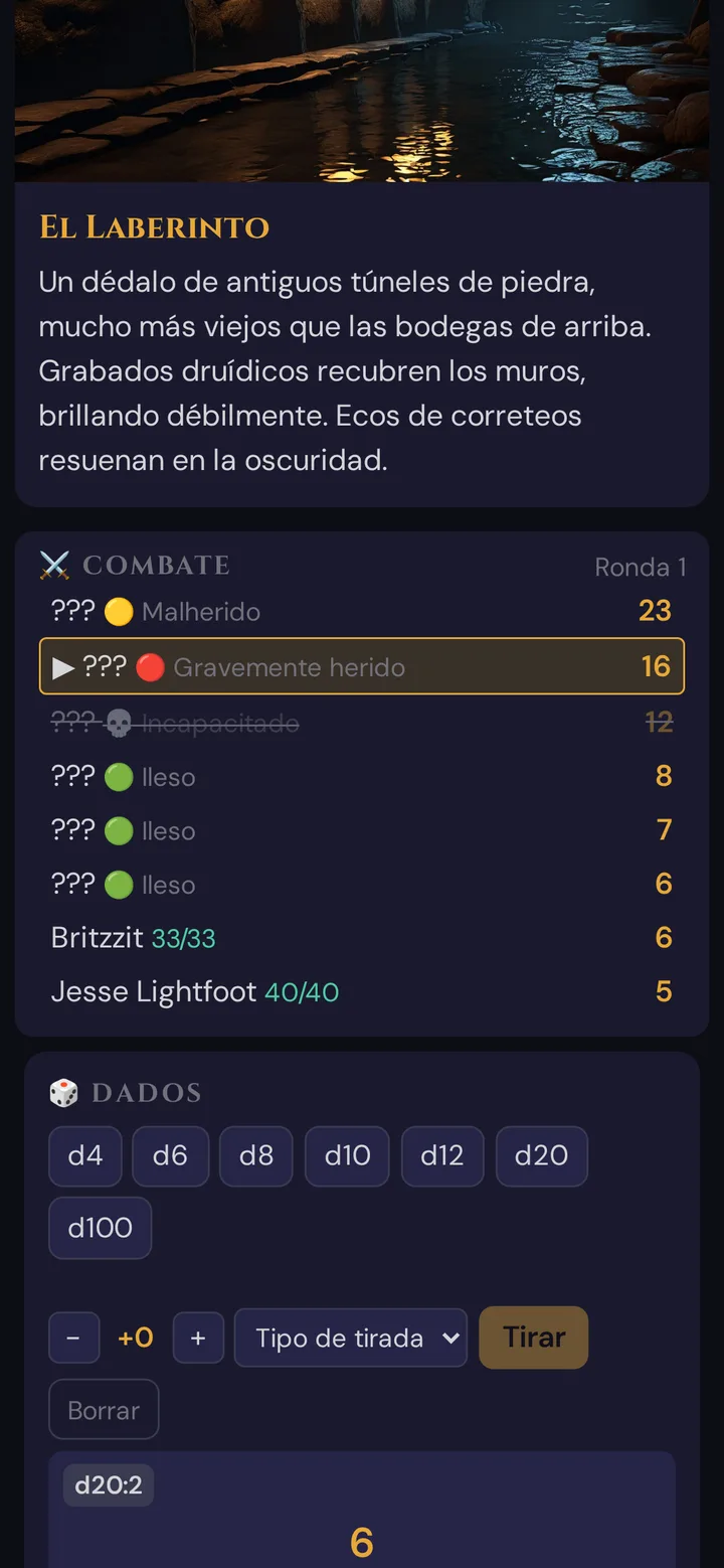 Orden de combate en el teléfono de un jugador: monstruos ocultos con banda de PG, personajes jugadores con PG exactos