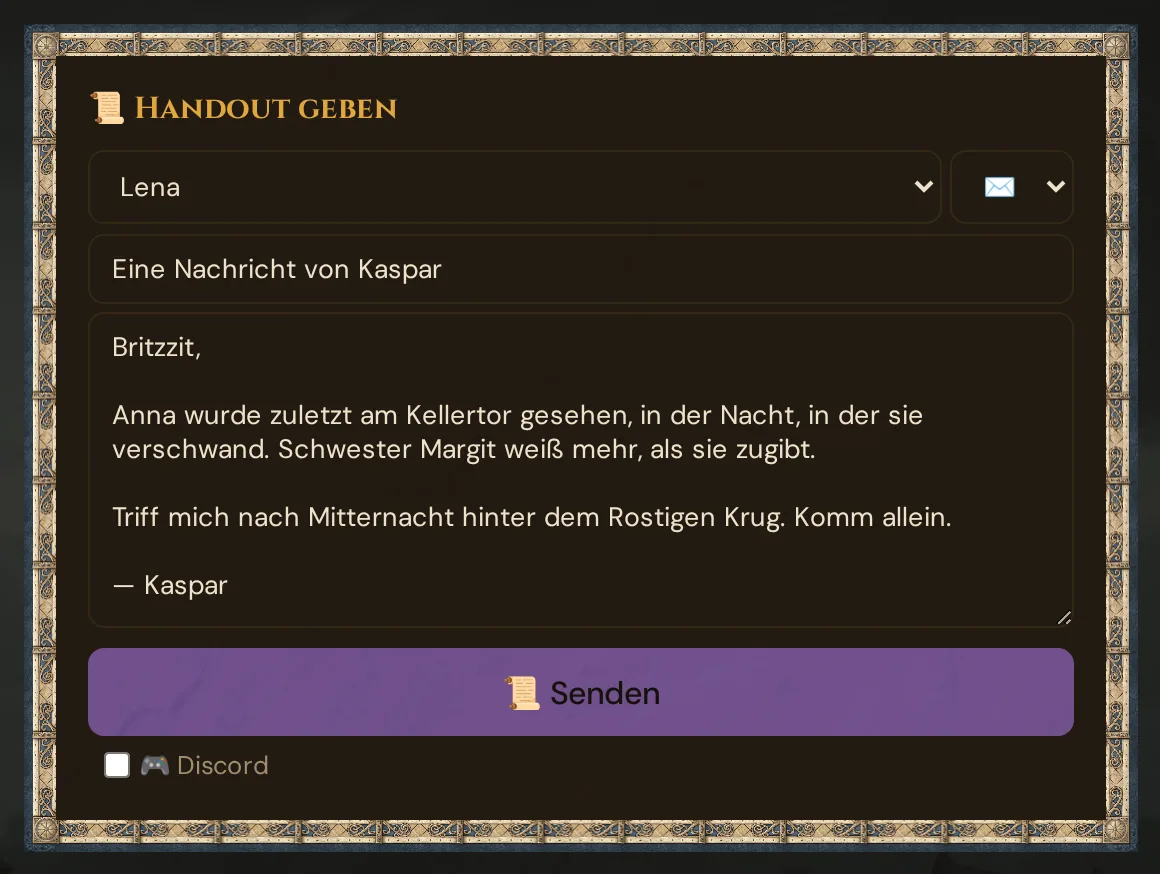Die Karte 📜 Handout geben: Lena als Empfängerin, der Typ Brief, Titel und Text einer Nachricht von Kaspar und 📜 Senden