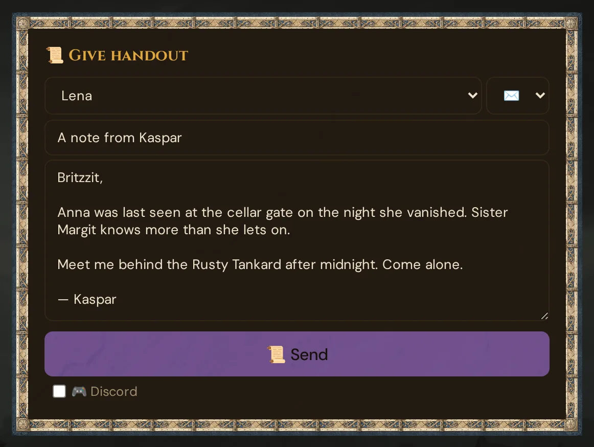 The ๐ Give handout card: Lena as recipient, the letter type, title and text of a note from Kaspar, and ๐ Send