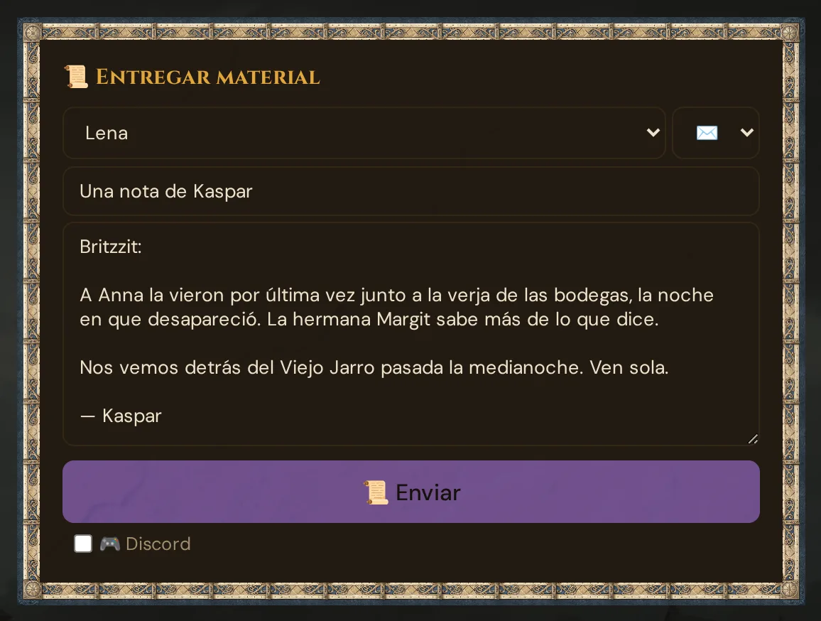 La tarjeta 📜 Entregar material: Lena como destinataria, el tipo carta, el título y el texto de una nota de Kaspar, y 📜 Enviar