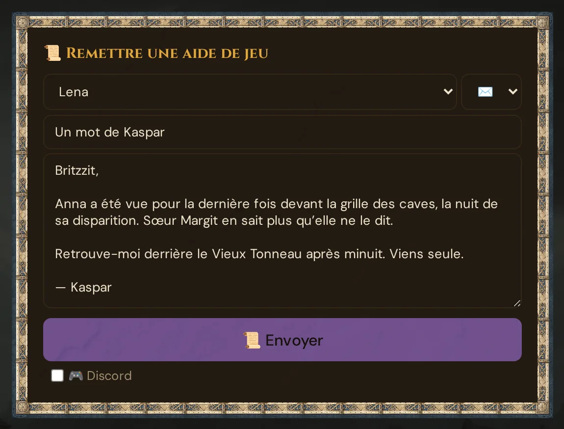 La carte 📜 Remettre une aide de jeu : Lena comme destinataire, le type lettre, le titre et le texte d’un mot de Kaspar, et 📜 Envoyer