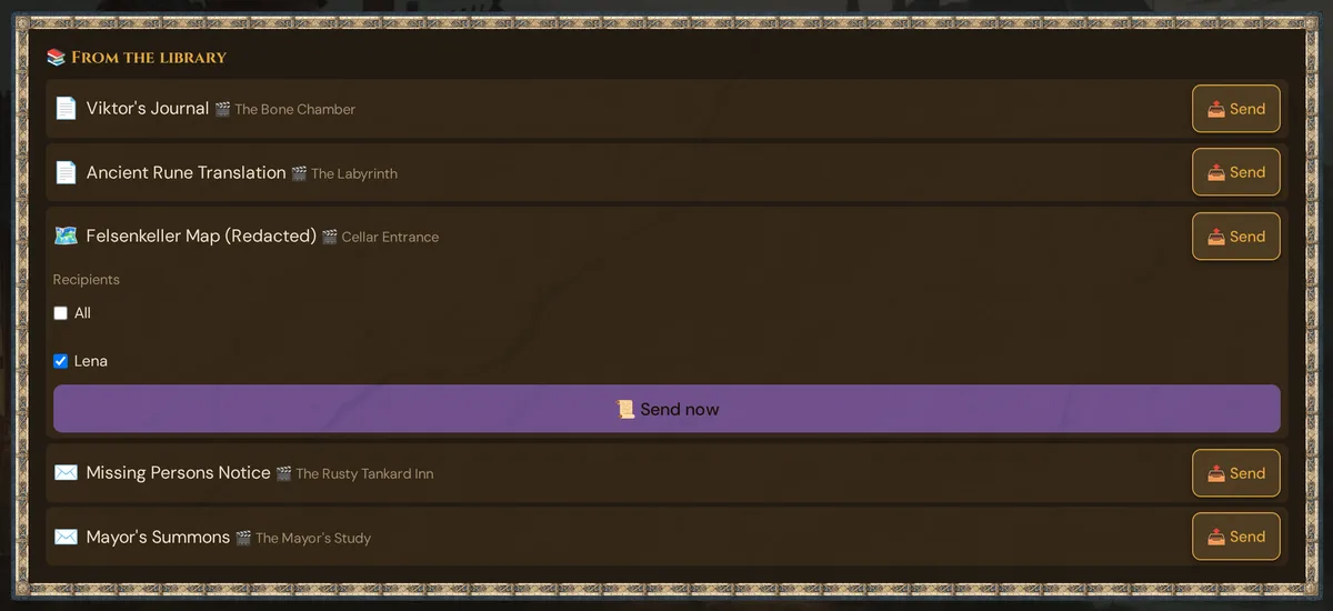 The ๐ From the library card with the five demo handouts; for Felsenkeller Map (Redacted) the list Recipients is open with All unticked, Lena ticked and the purple button ๐ Send now