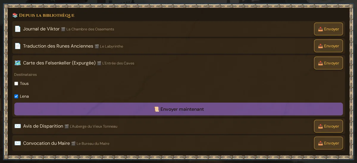 La carte 📚 Depuis la bibliothèque avec les cinq aides de jeu de démonstration ; pour Carte des Felsenkeller (Expurgée), la liste Destinataires est ouverte avec Tous décoché, Lena coché et le bouton violet 📜 Envoyer maintenant