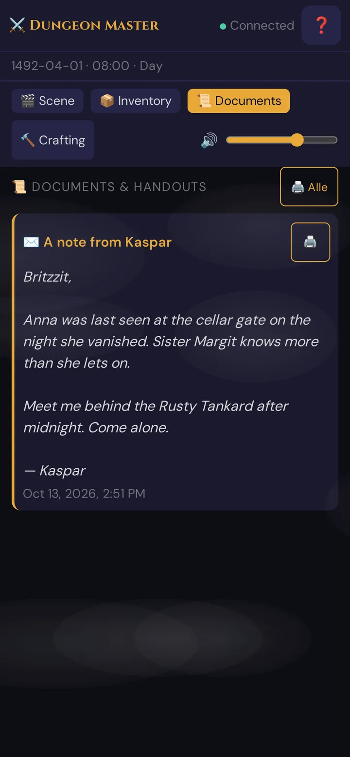 A letter in the player's Documents tab
