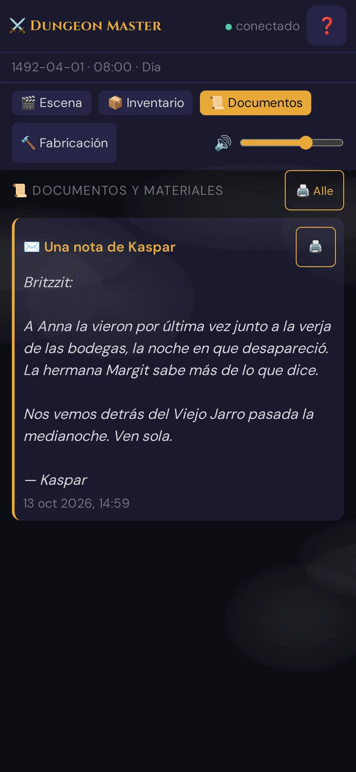 Una carta en la pestaña Documentos del jugador