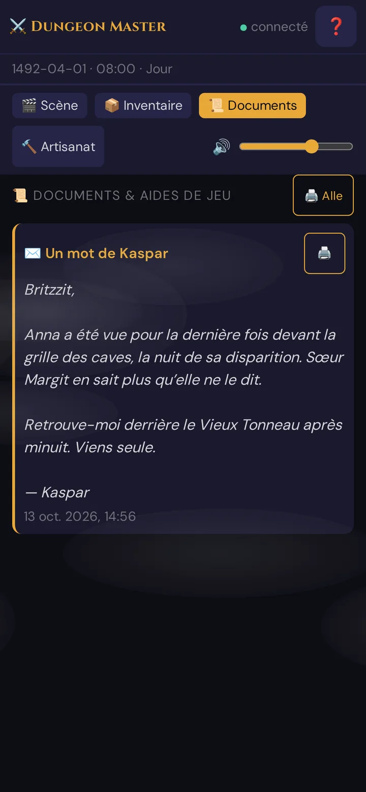 Une lettre dans l'onglet Documents du joueur