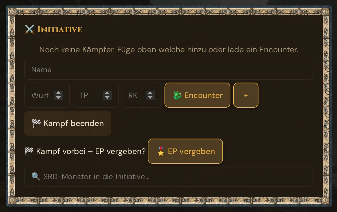 Die Initiative-Karte nach dem Kampfende: die leere Liste, Kampf beenden ausgegraut und der Hinweis Kampf vorbei – EP vergeben? mit dem Knopf EP vergeben