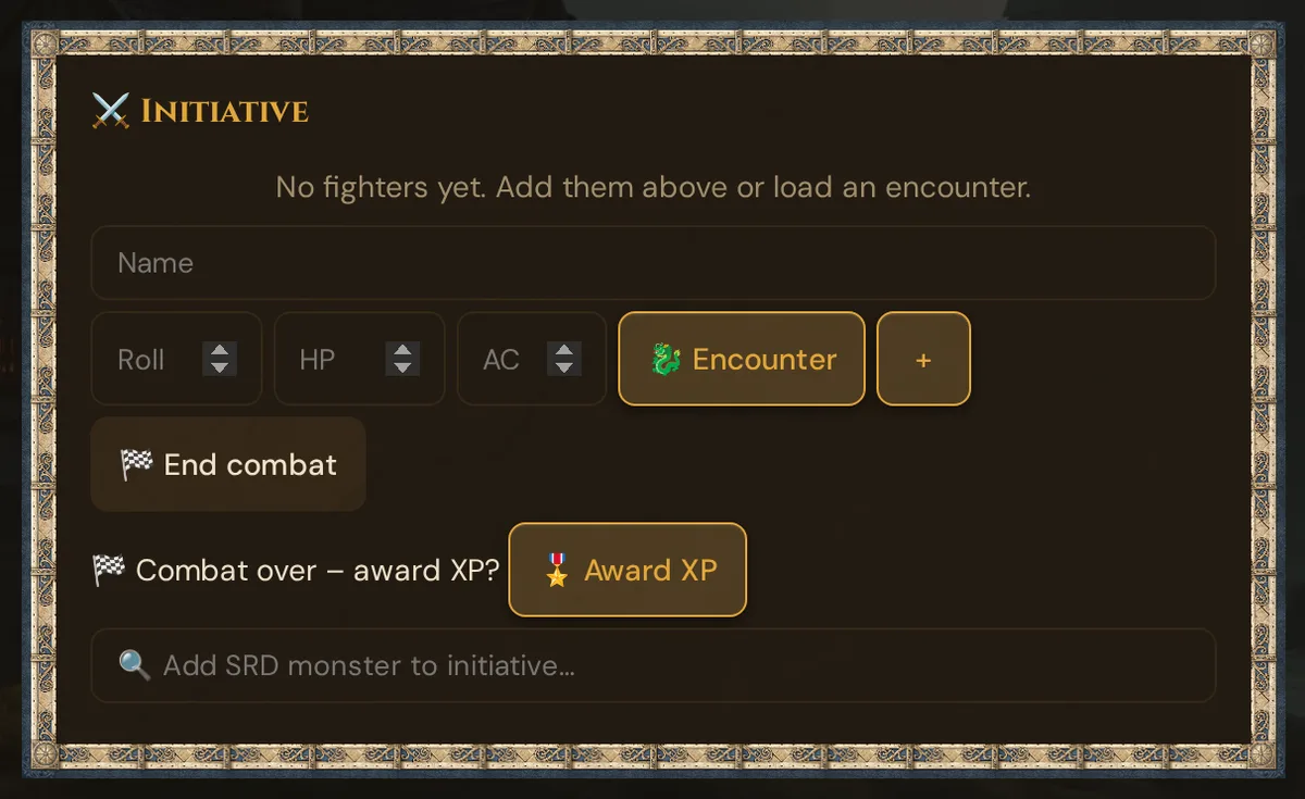The Initiative card after ending combat: the empty list, End combat greyed out, and the hint Combat over – award XP? with the Award XP button