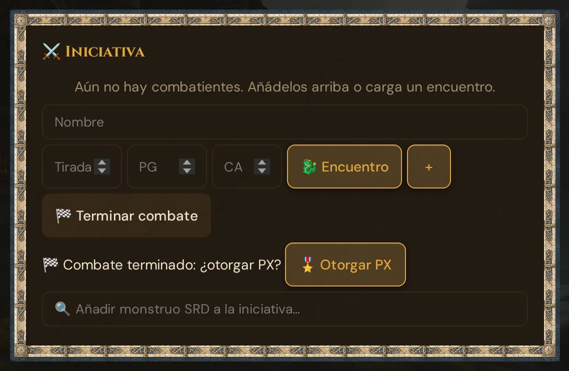 La tarjeta de Iniciativa después de terminar el combate: la lista vacía, Terminar combate en gris y el aviso Combate terminado: ¿otorgar PX? con el botón Otorgar PX
