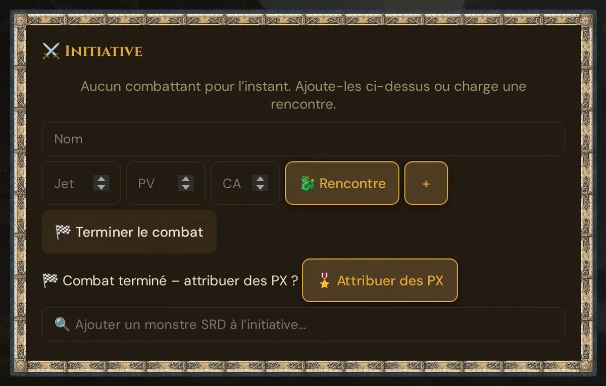 La carte Initiative après la fin du combat : la liste vide, Terminer le combat grisé, et l'indication Combat terminé – attribuer des PX ? avec le bouton Attribuer des PX