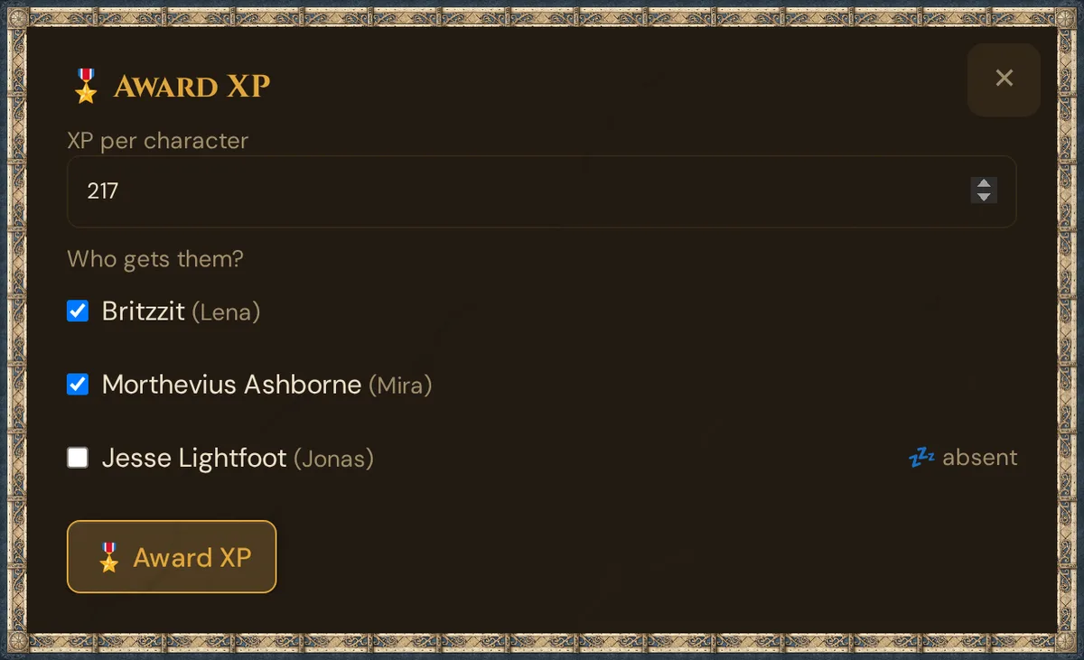 The Award XP window: XP per character with the suggestion from the encounter, and Who gets them? with a box for each character