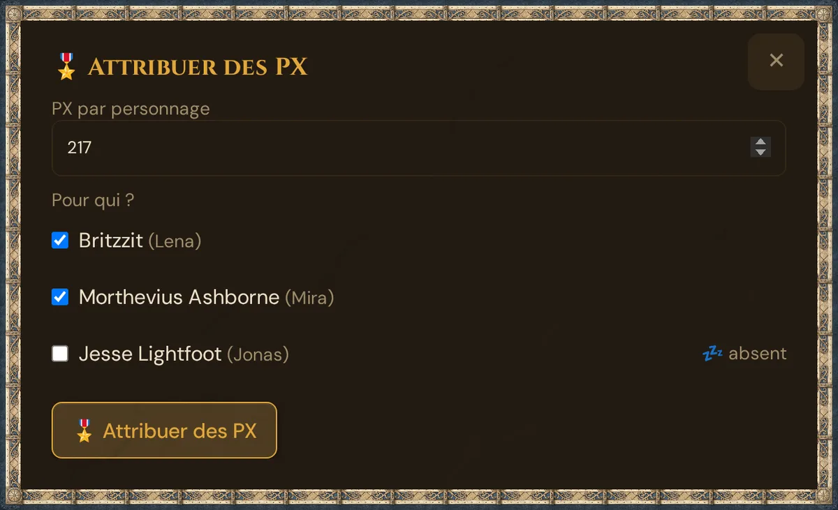 La fenêtre Attribuer des PX : PX par personnage avec la proposition de la rencontre, et Pour qui ? avec une case pour chaque personnage