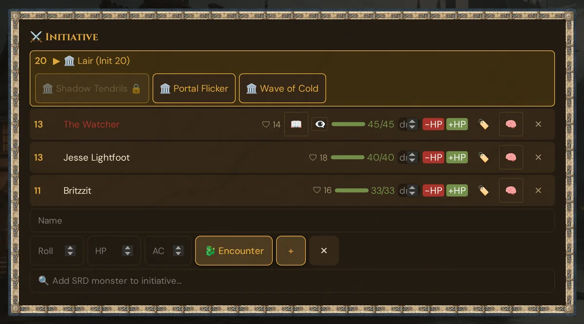 The initiative tracker in the Portal Chamber: the ποΈ Lair (Init 20) row has the turn, with its lair action buttons; Shadow Tendrils is locked π after use