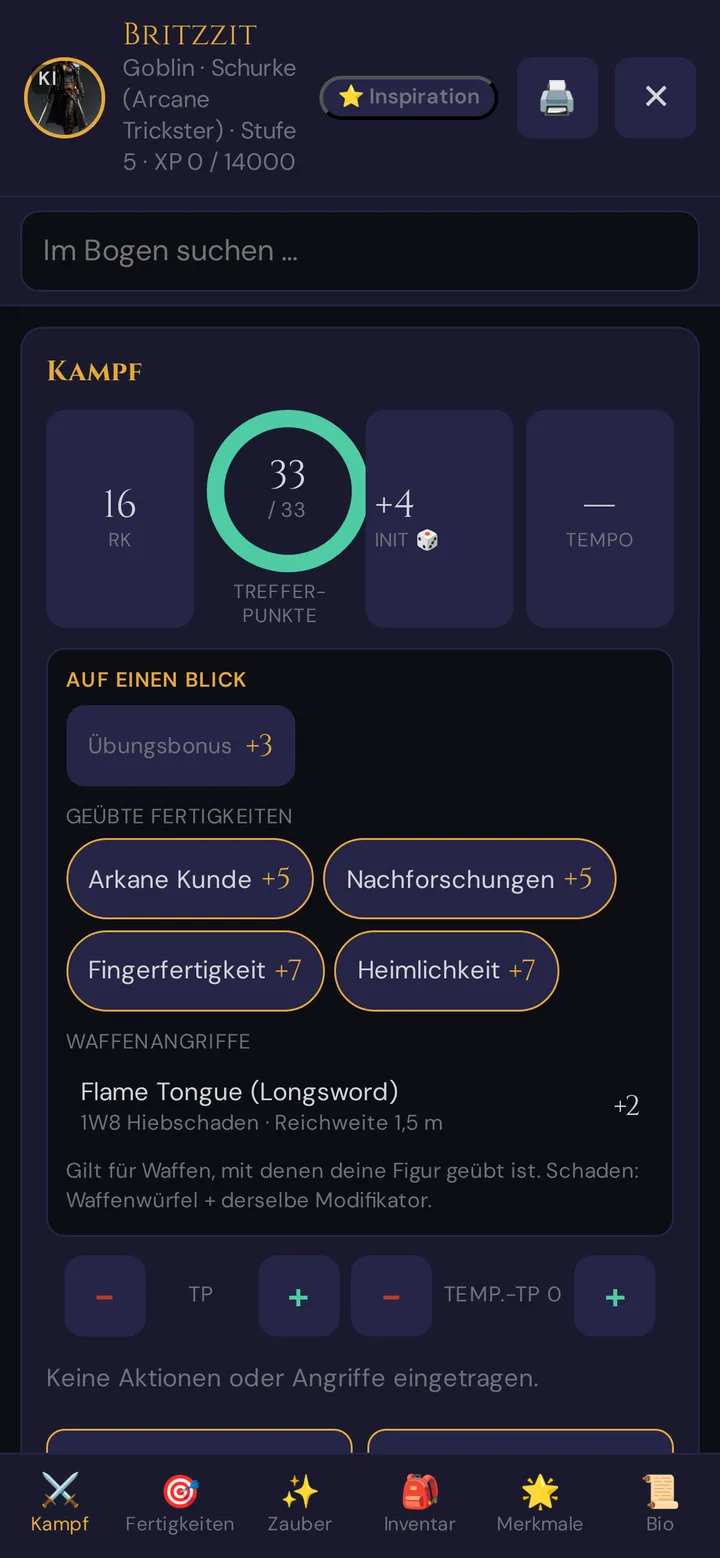 Der Charakterbogen auf dem Spieler-Handy
