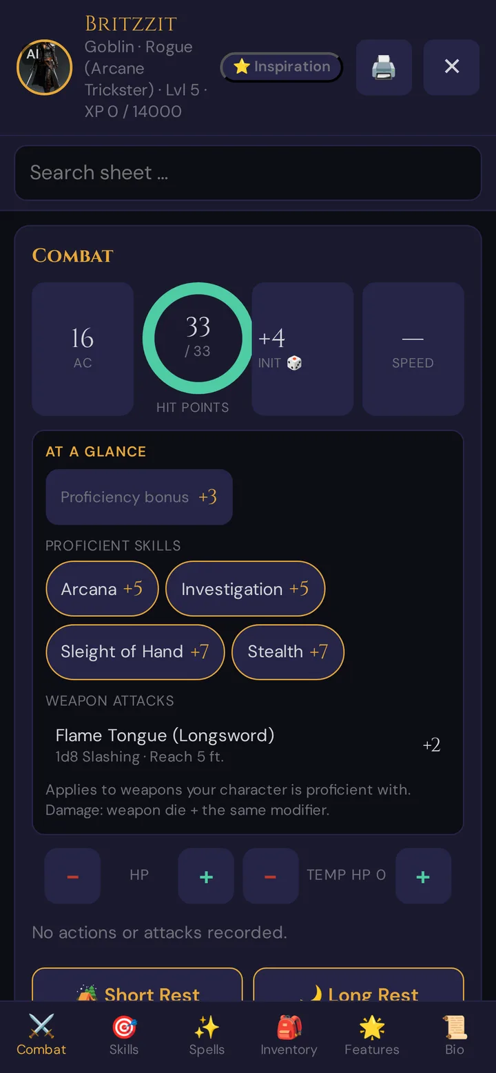The character sheet on the player's phone