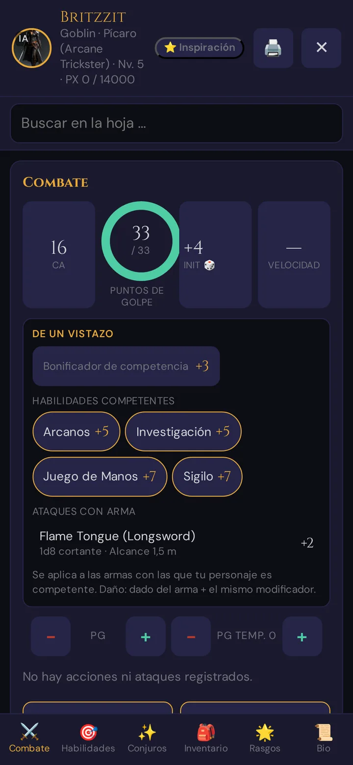 La hoja de personaje en el teléfono del jugador