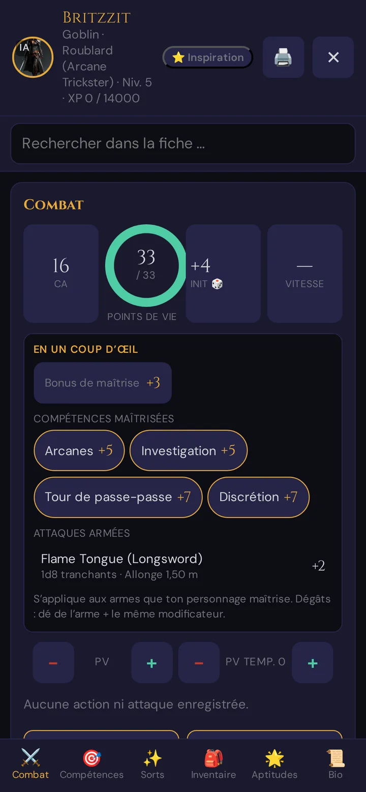 La fiche de personnage sur le téléphone du joueur