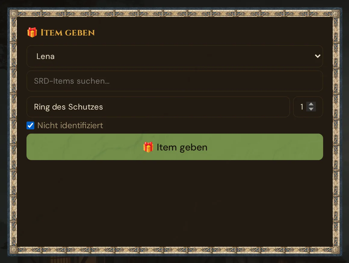 Die Karte 🎁 Item geben: Lena als Empfängerin, der Gegenstand Ring des Schutzes, Anzahl 1 und Nicht identifiziert angehakt