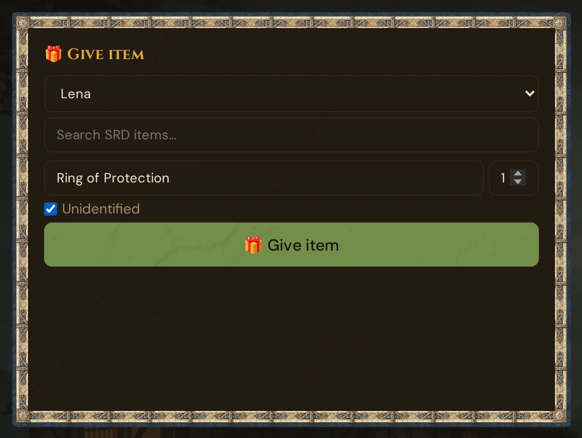 The π Give item card: Lena as recipient, the item name Ring of Protection, quantity 1 and Unidentified ticked
