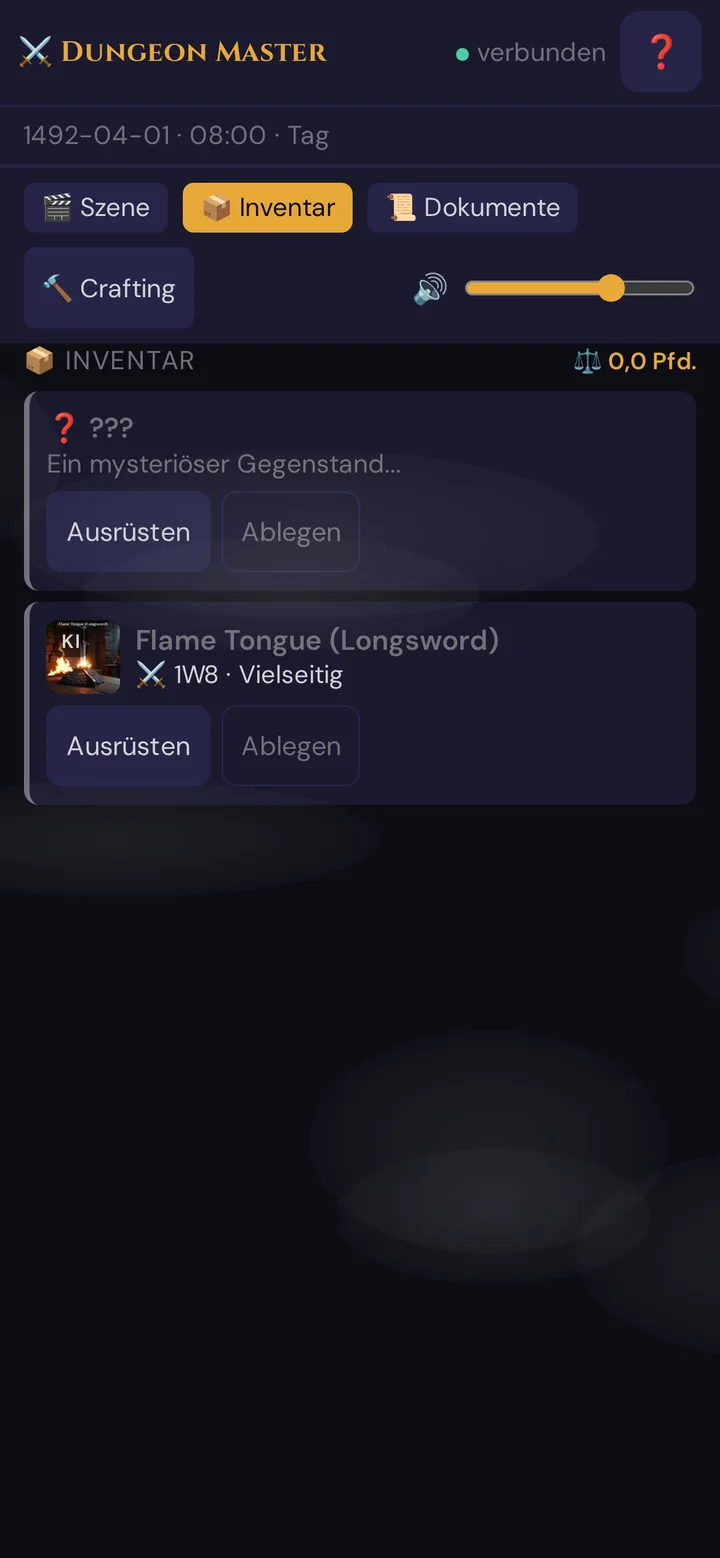 Ein nicht identifizierter Gegenstand (???) über einem identifizierten im Inventar des Spielers