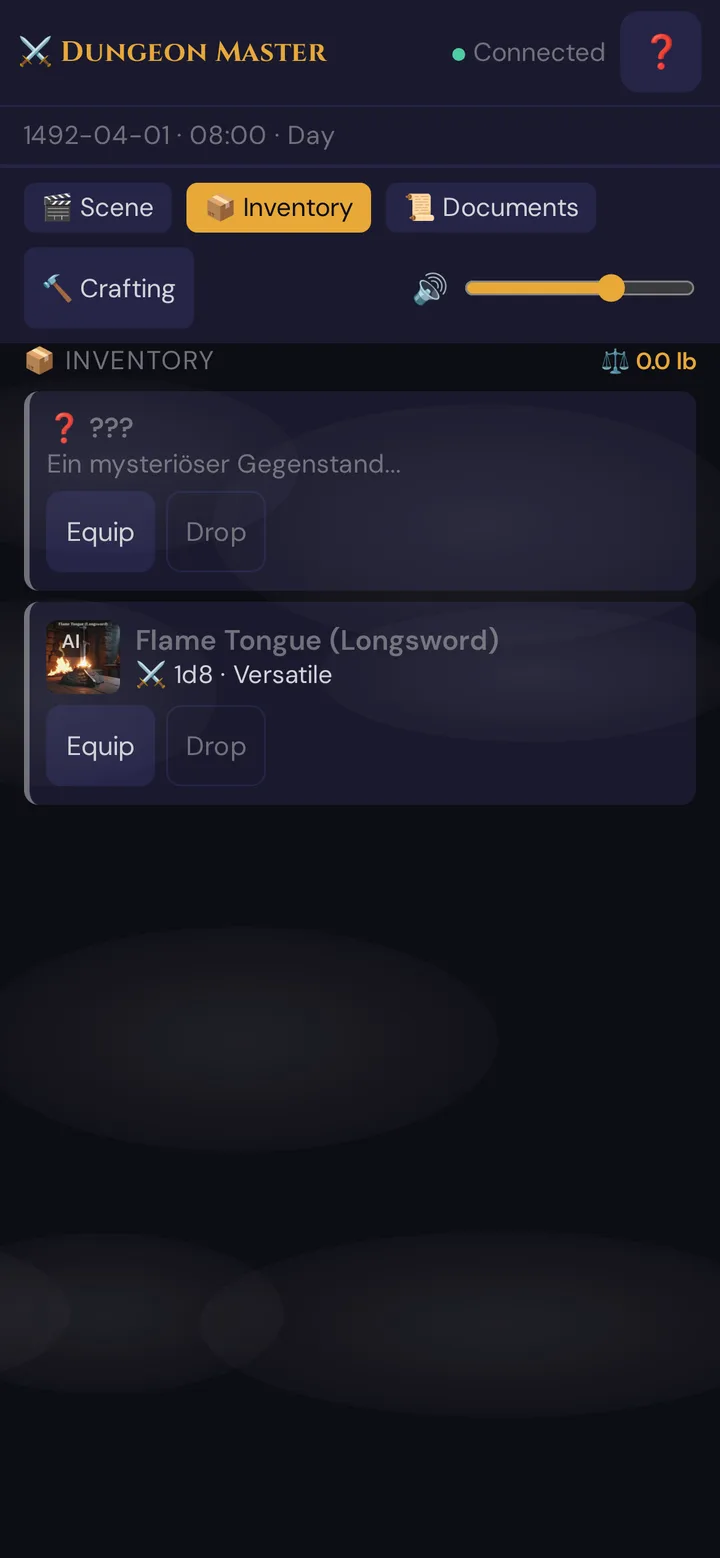 An unidentified item (???) above an identified one in the player's inventory
