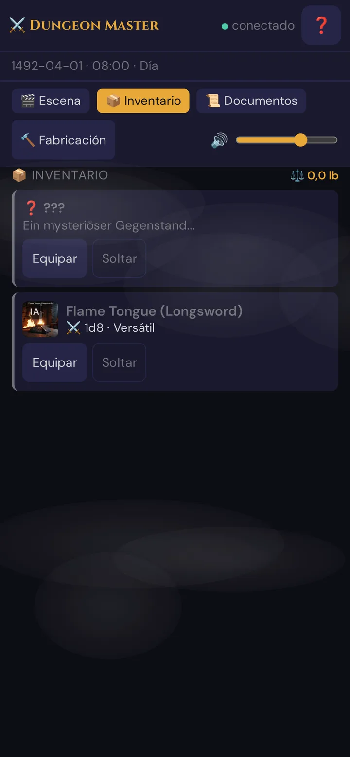 Un objeto sin identificar (???) sobre uno identificado en el inventario del jugador