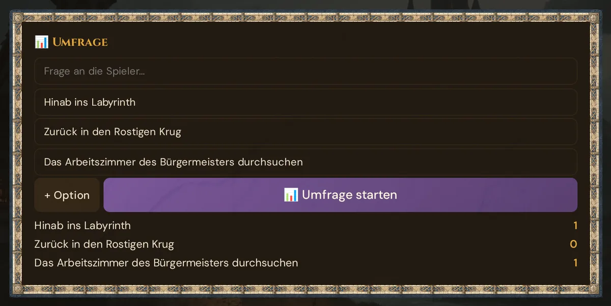Die Karte 📊 Umfrage nach dem Start: die drei Antworten und die laufende Stimmenzahl je Antwort