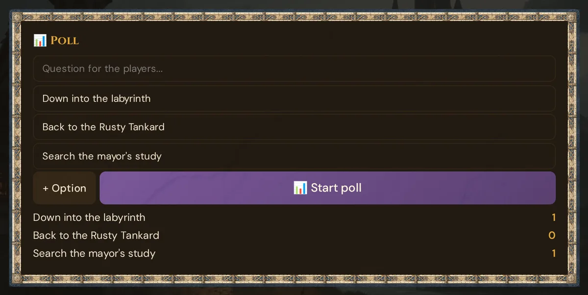 The 📊 Poll card after the start: the three options and the live vote count for each