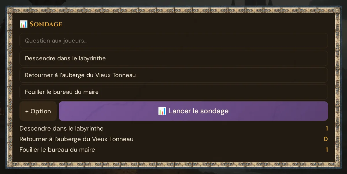 La carte 📊 Sondage après le lancement : les trois options et le nombre de votes en direct pour chacune