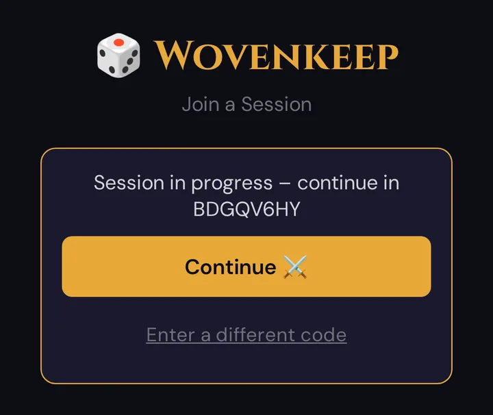 On a player's phone after a reload: the card Session in progress โ continue in โฆ with Continue and Enter a different code