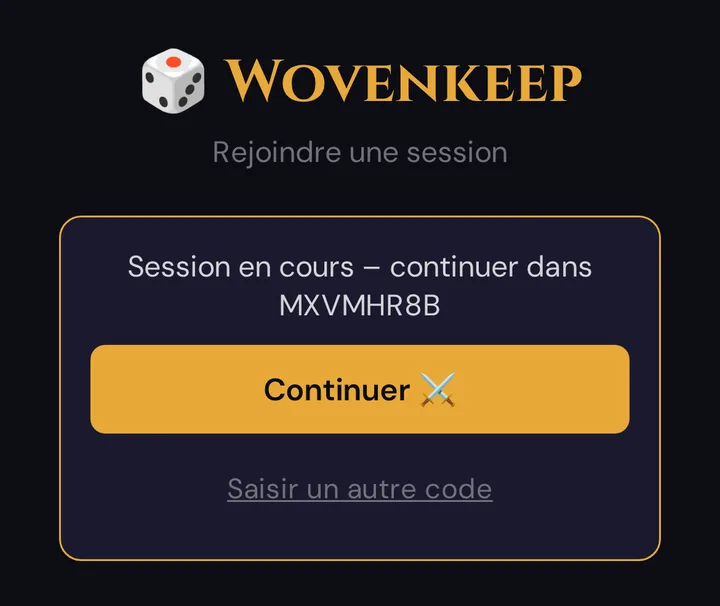Sur le téléphone d'un joueur après un rechargement : la carte Session en cours – continuer dans … avec Continuer et Saisir un autre code