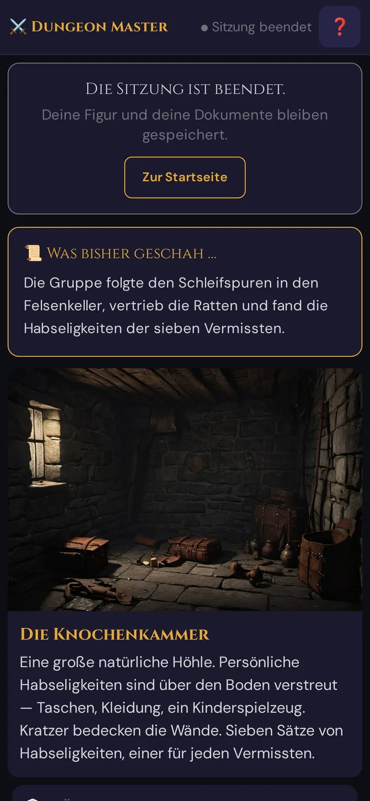 Das Smartphone eines Spielers nach dem Ende: oben Sitzung beendet und die Karte Die Sitzung ist beendet. mit Zur Startseite