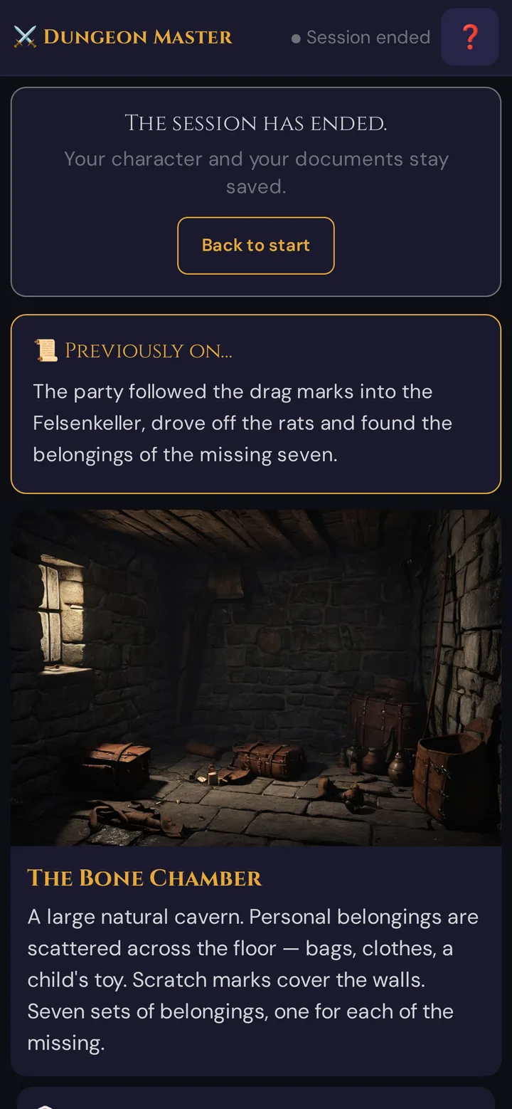 A player's phone after the end: Session ended at the top and the card The session has ended. with Back to start