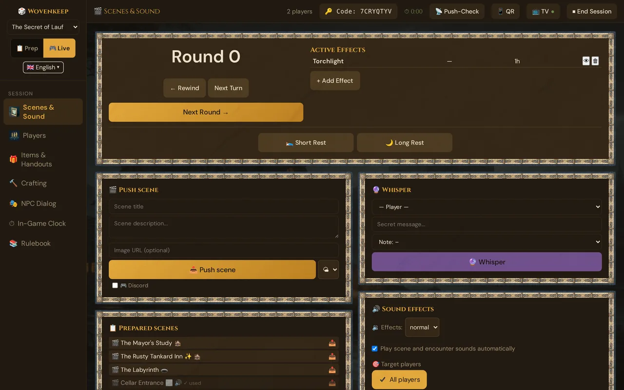 The live session dashboard (Scenes & Sound): the top bar with player count, session code, timer, ๐ก Push-Check, QR, TV and โน End Session