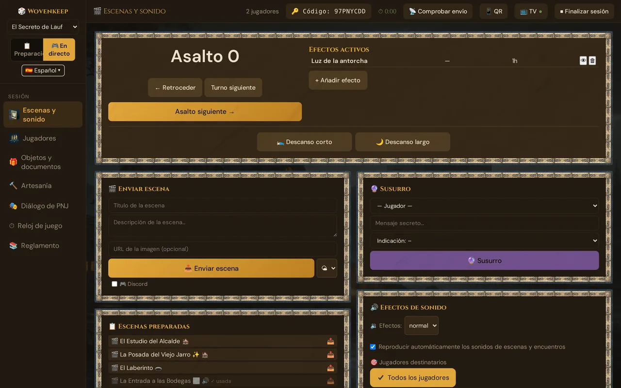 El panel de la sesión en directo (Escenas y sonido): arriba la barra con el número de jugadores, el código de sesión, el temporizador, 📡 Comprobar envío, QR, TV y ⏹ Finalizar sesión