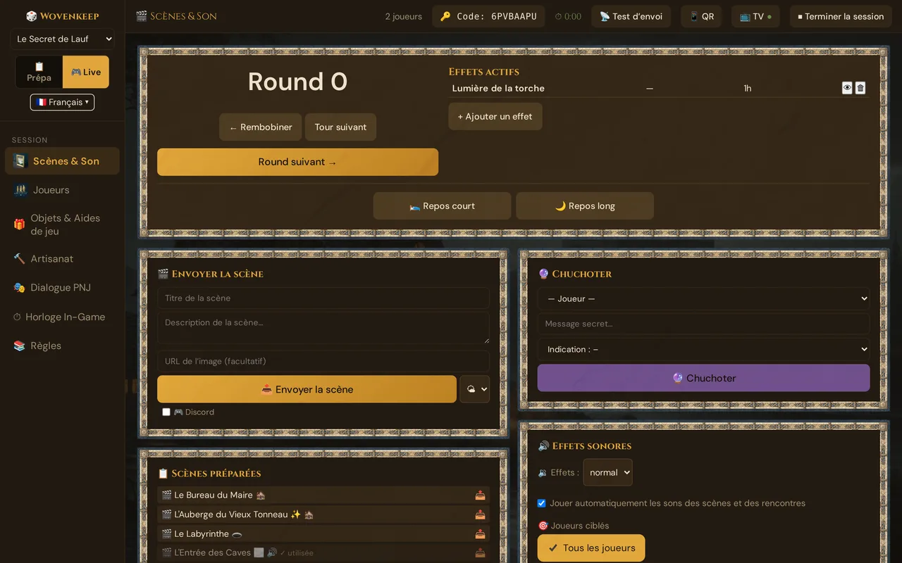Le tableau de bord de la session live (Scènes & Son) : en haut la barre avec le nombre de joueurs, le code de session, le minuteur, 📡 Test d’envoi, QR, TV et ⏹ Terminer la session