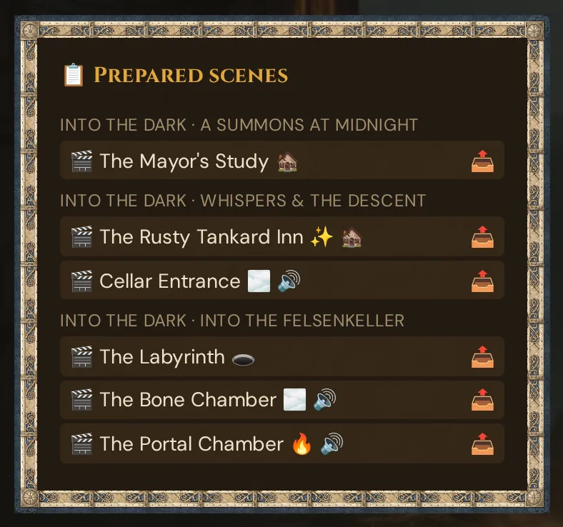 The 📋 Prepared scenes card in Live: the headings Into the Dark · A Summons at Midnight, Into the Dark · Whispers & the Descent and Into the Dark · Into the Felsenkeller, each with its scenes as buttons with overlay and sound icons and 📤
