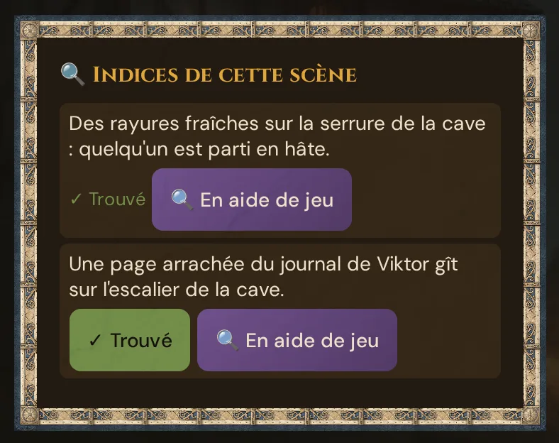 La carte 🔍 Indices de cette scène avec deux indices de l'entrée des caves : le premier déjà marqué ✓ Trouvé, le second avec les boutons ✓ Trouvé et 🔍 En aide de jeu