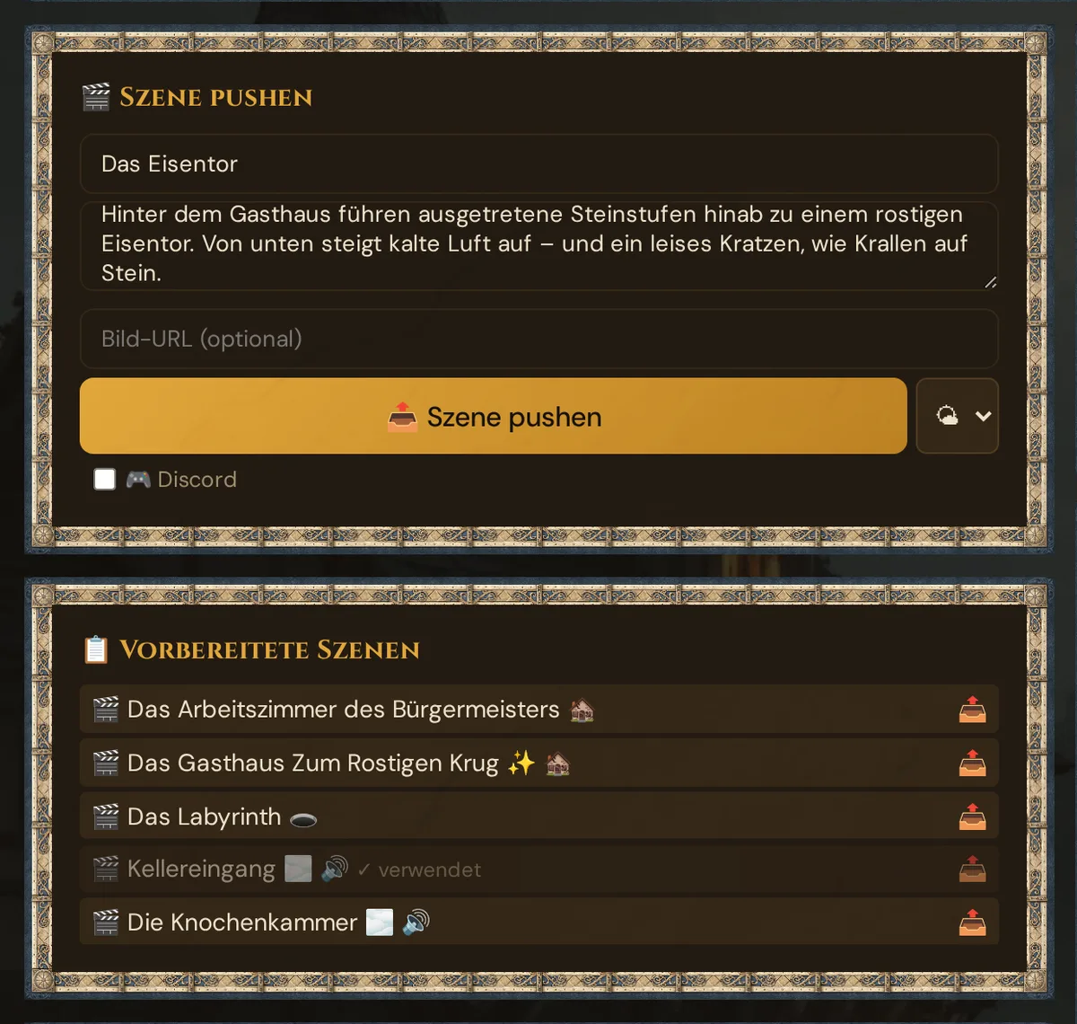 Die Karte 🎬 Szene pushen mit eingetipptem Titel und Beschreibung, darunter 📋 Vorbereitete Szenen (eine gesendete ist mit ✓ verwendet markiert)