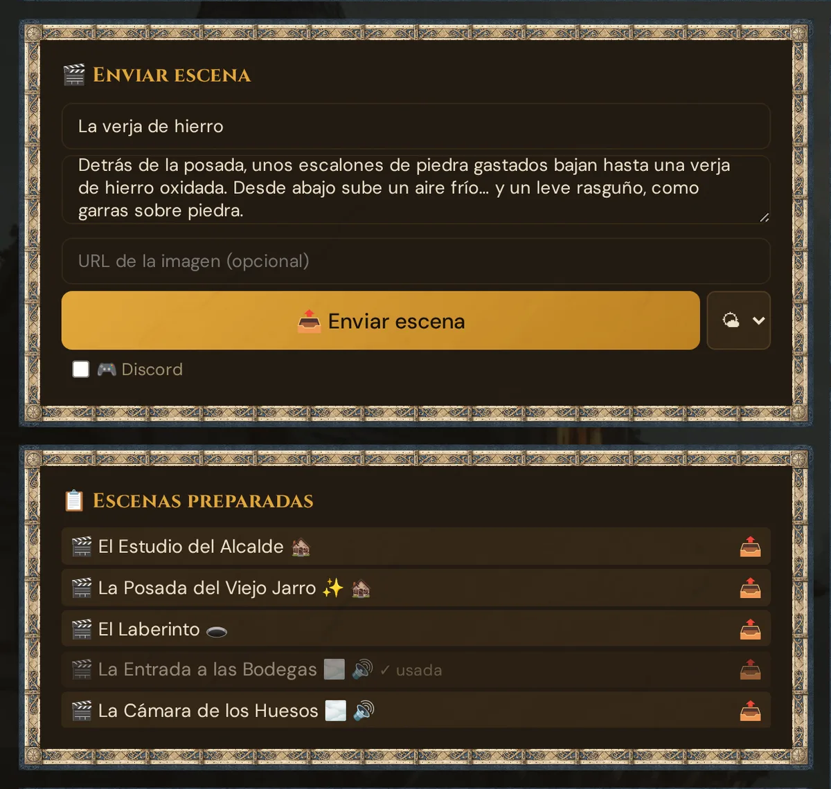 La tarjeta 🎬 Enviar escena con un título y una descripción escritos, debajo 📋 Escenas preparadas (una enviada aparece marcada ✓ usada)