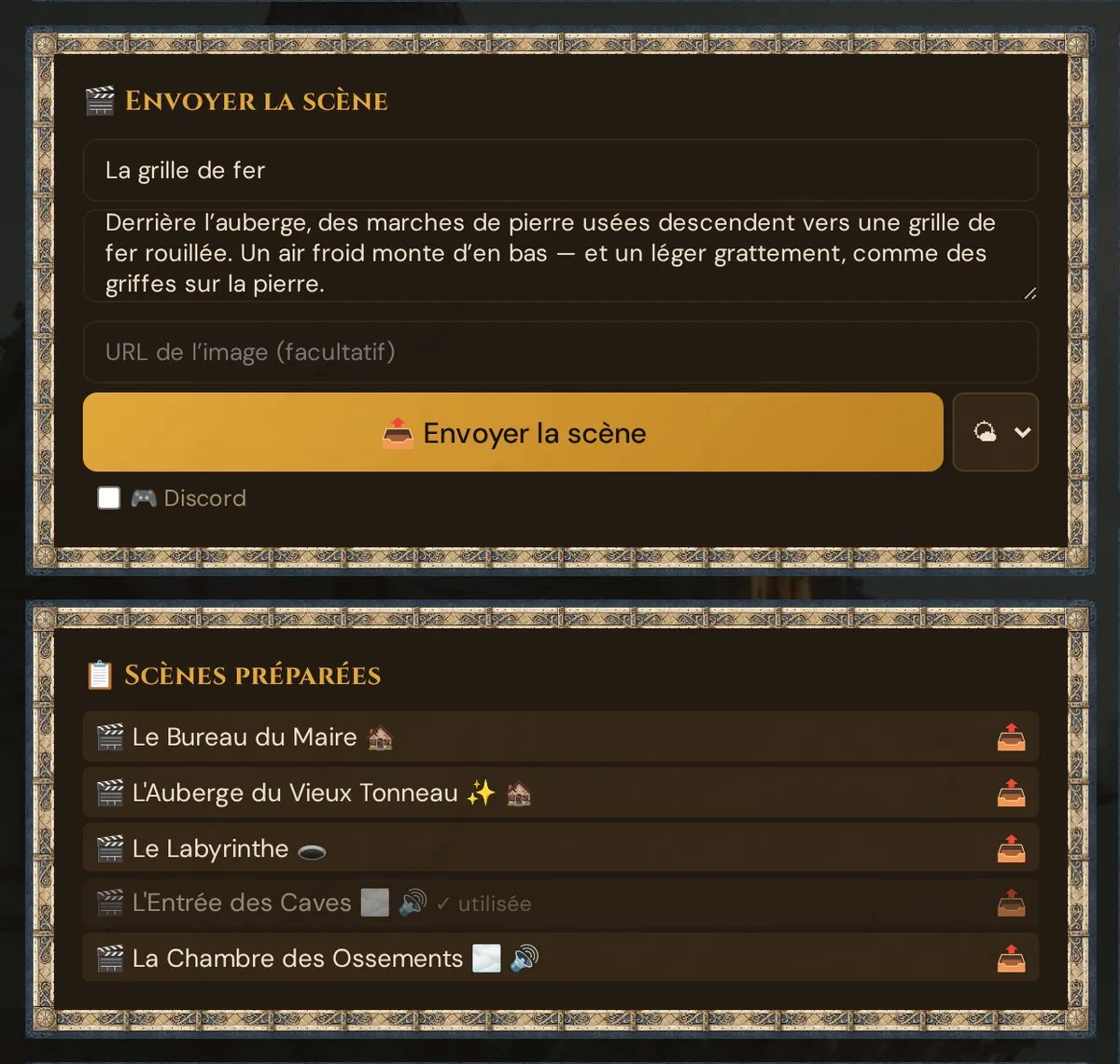 La carte 🎬 Envoyer la scène avec un titre et une description saisis, en dessous 📋 Scènes préparées (une scène envoyée est marquée ✓ utilisée)