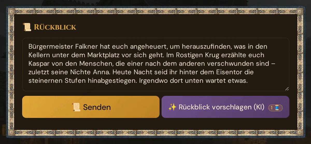 Die Karte 📜 Rückblick mit einem eingetippten Rückblick, 📜 Senden und ✨ Rückblick vorschlagen (KI)