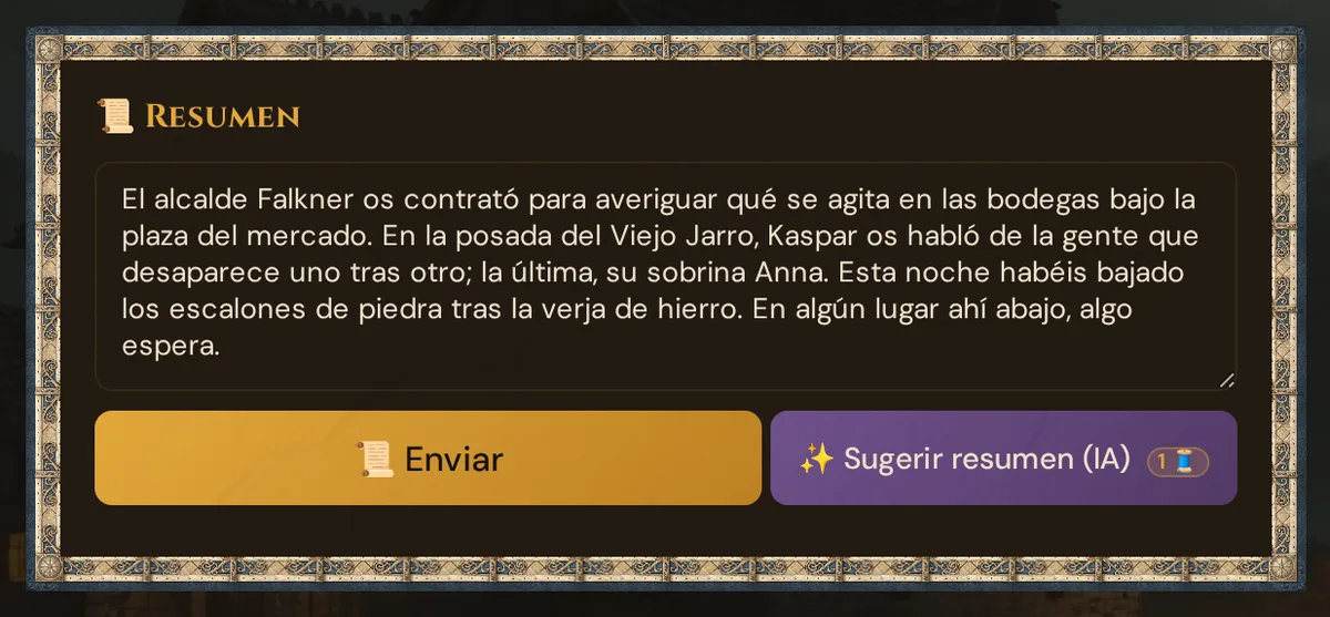 La tarjeta 📜 Resumen con un resumen escrito, 📜 Enviar y ✨ Sugerir resumen (IA)