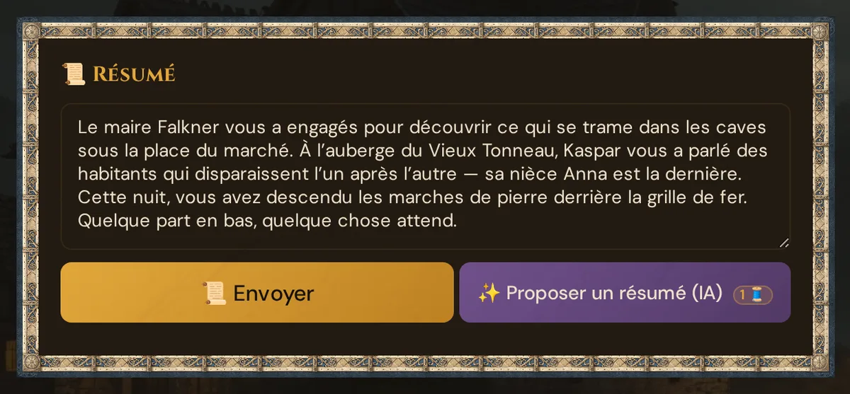 La carte 📜 Résumé avec un résumé saisi, 📜 Envoyer et ✨ Proposer un résumé (IA)
