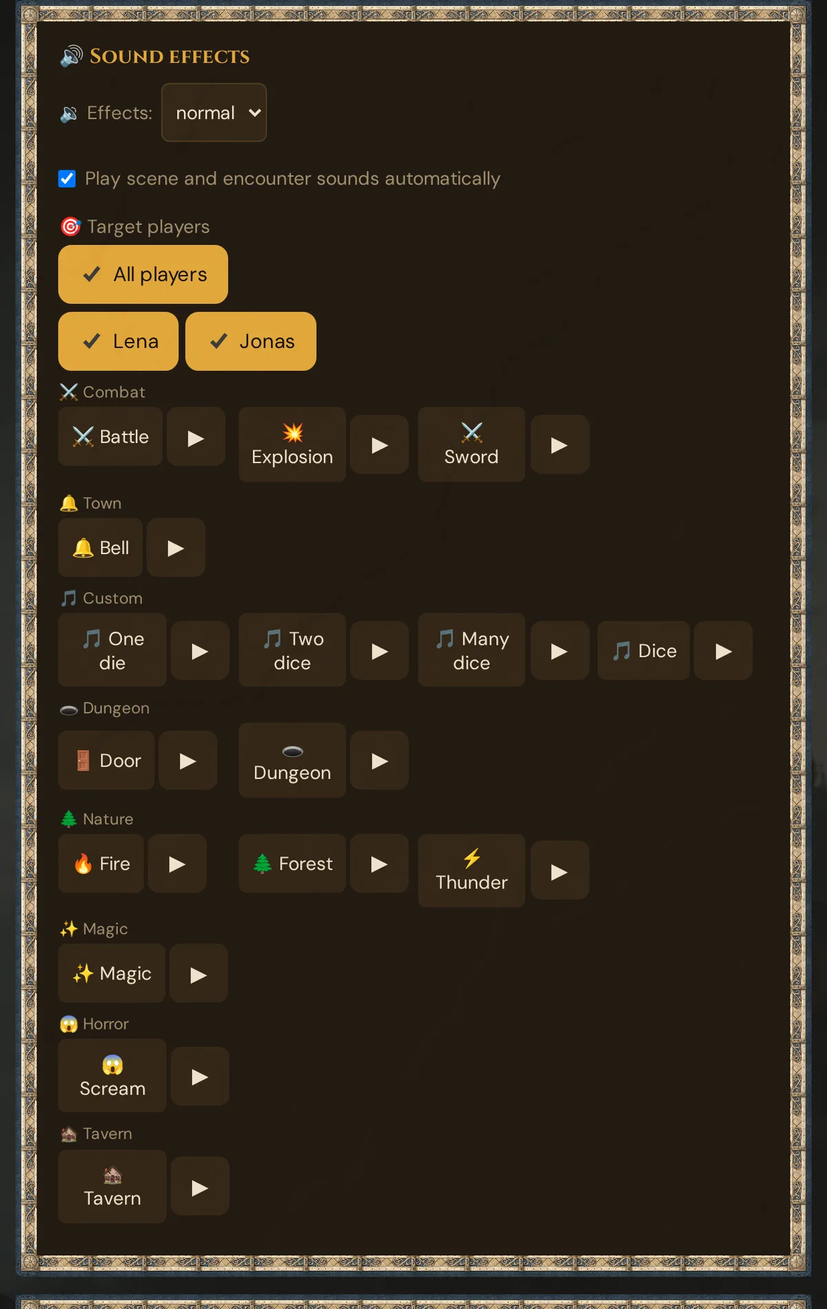 The ๐ Sound effects card: effects volume, automatic scene sounds, target players and the sounds by category, each with โถ to preview